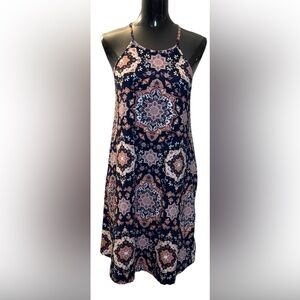 French Grey Multicolor Summer Dress with Spaghetti Straps, Size Small